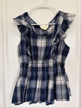 Maeve Navy and White Sleeveless Plaid Ruffle top
